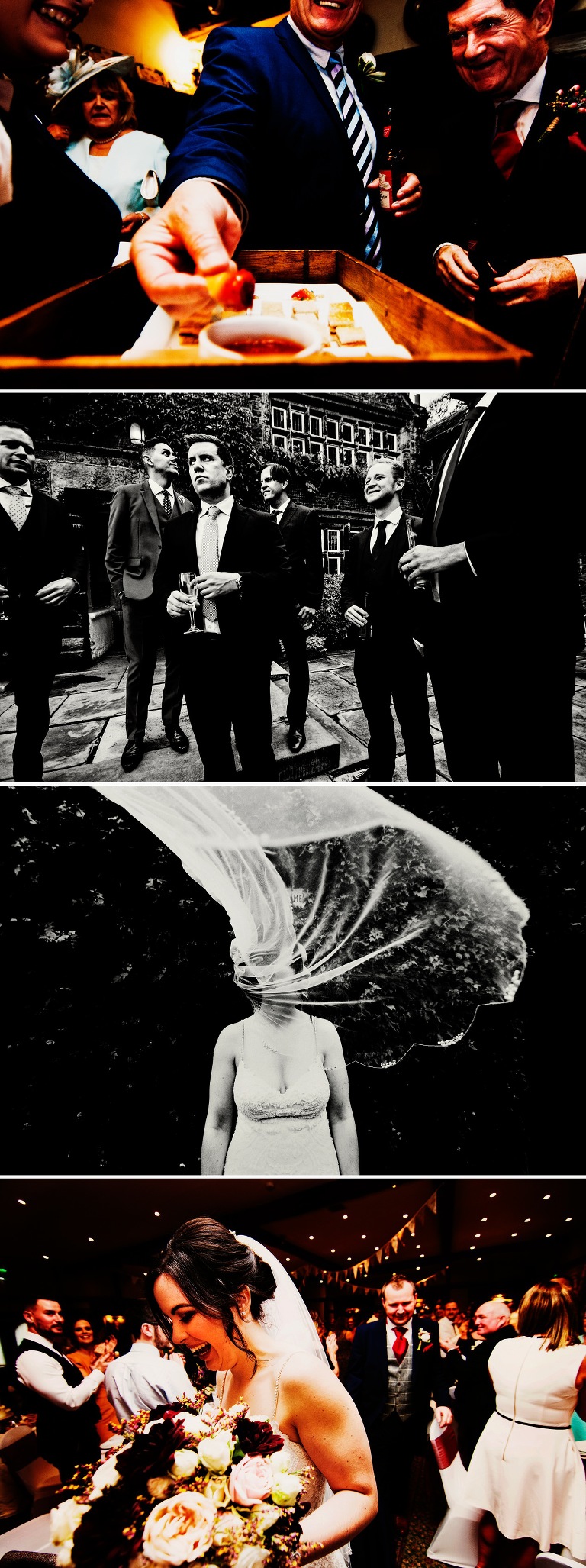 Black and white portrait of a veil in the wind at a mega fun wedding at Holdsworth House.