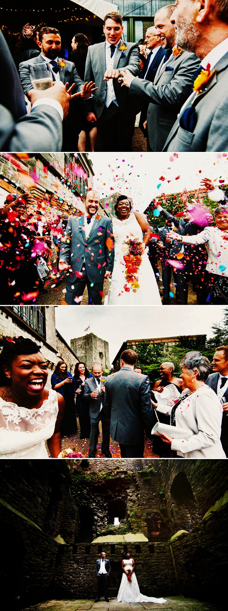 Beautiful colourful wedding confetti throwing at clitheroe castle.