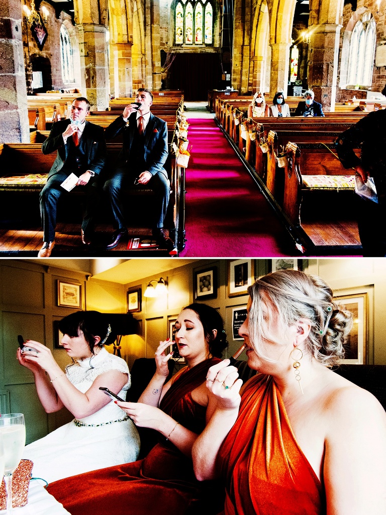 Documentary wedding photo of Bride with bridesmaids at a micro-wedding in the wheatsheaf pub in Croston