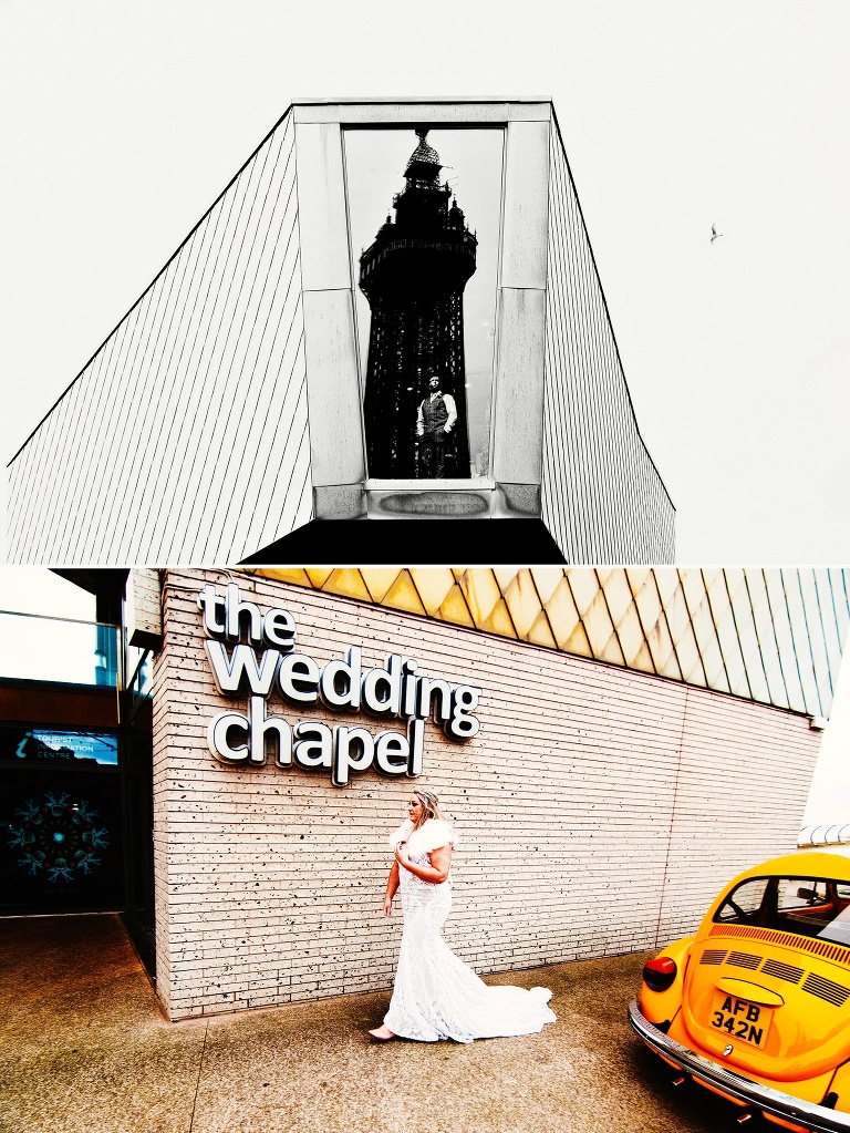 Orange Beetle car and bride at Blackpool Wedding Chapel.