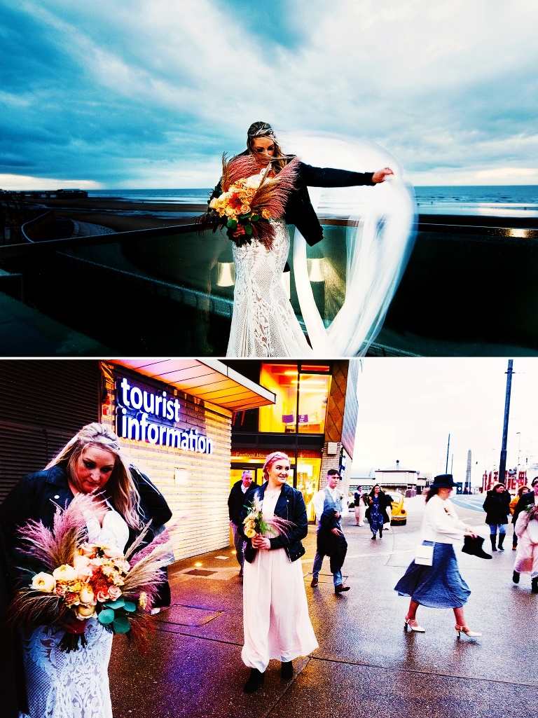 Bride on balcony at blackpool wedding chapel.