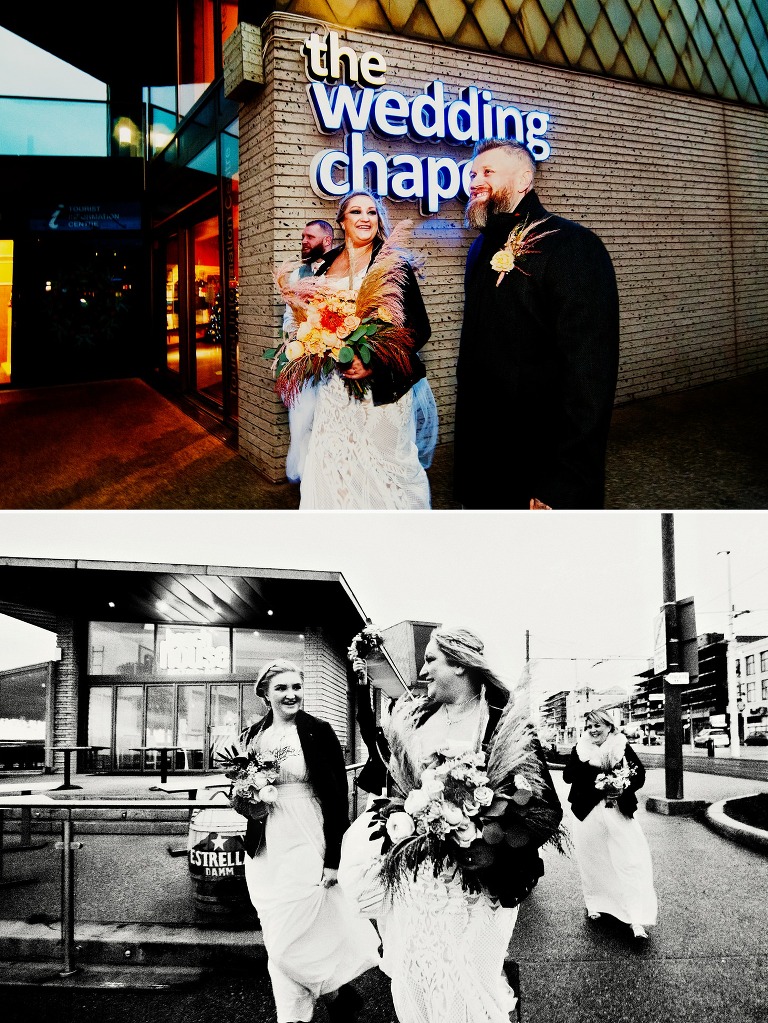 Bride and groom outside the wedding chapel in Blackpool, Lancashire.