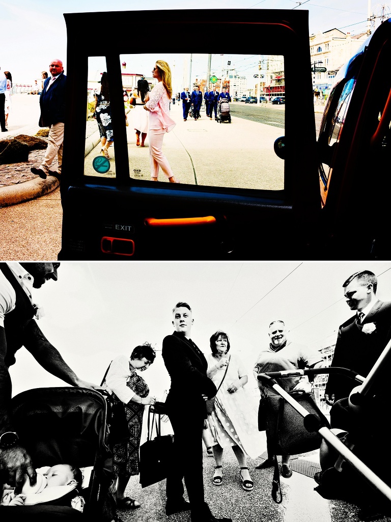 Groom arriving at Blackpool wedding chapel.