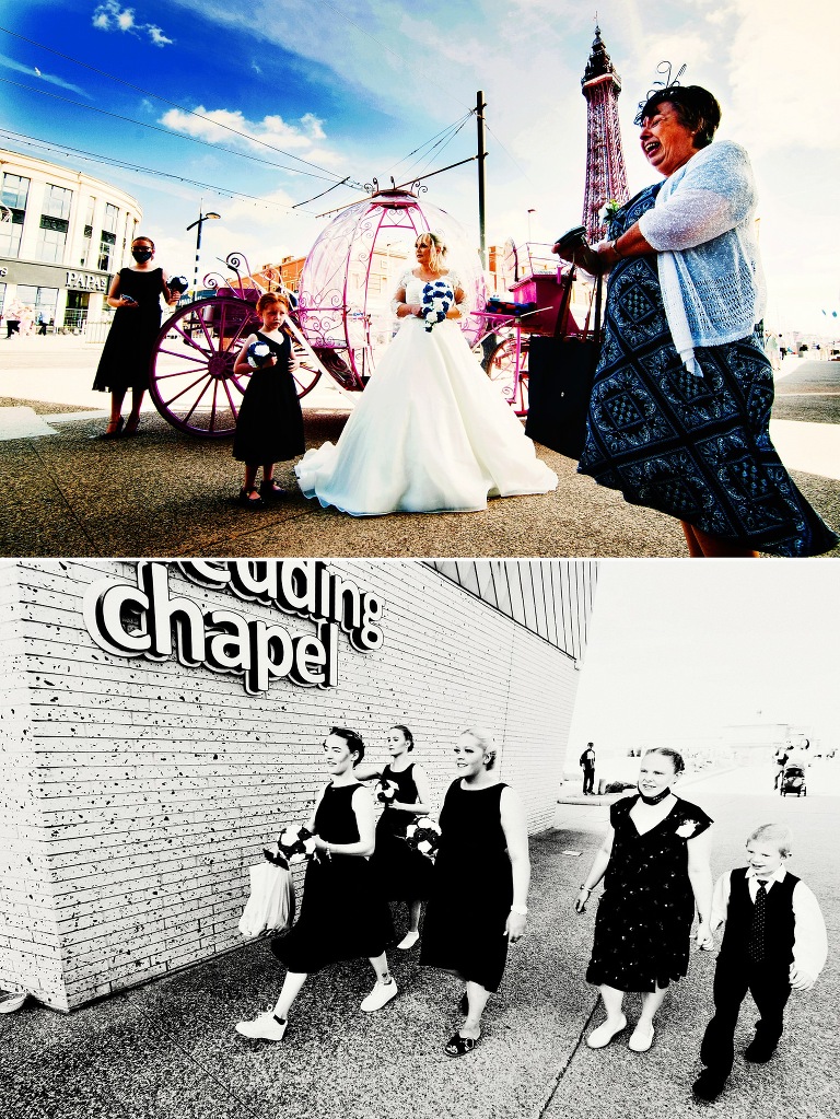 Bride arriving at Blackpool wedding chapel in front of the tower on a horse and carriage.