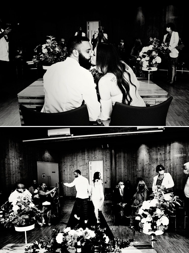 Black and white photograph of bride and groom inside blackpool wedding chapel.