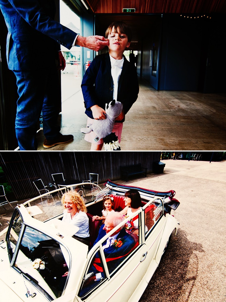 Morris Minor Wedding car arriving at Brockholes Nature Reserve