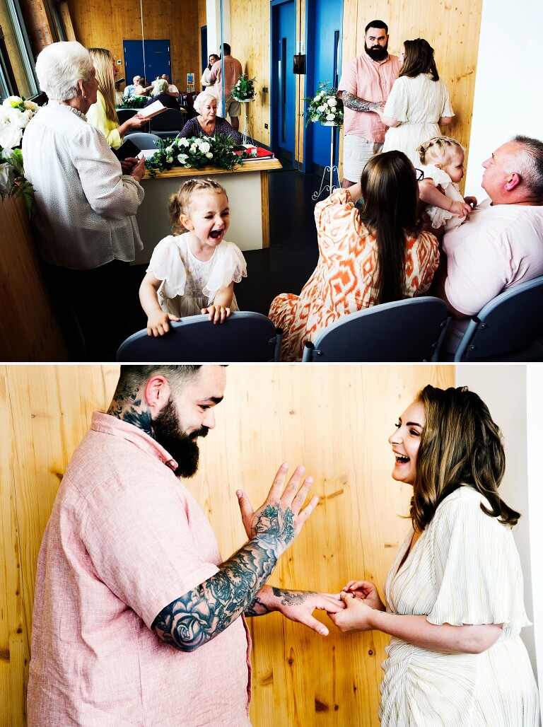 Bride and groom in sea view room in Blackpool wedding chapel.